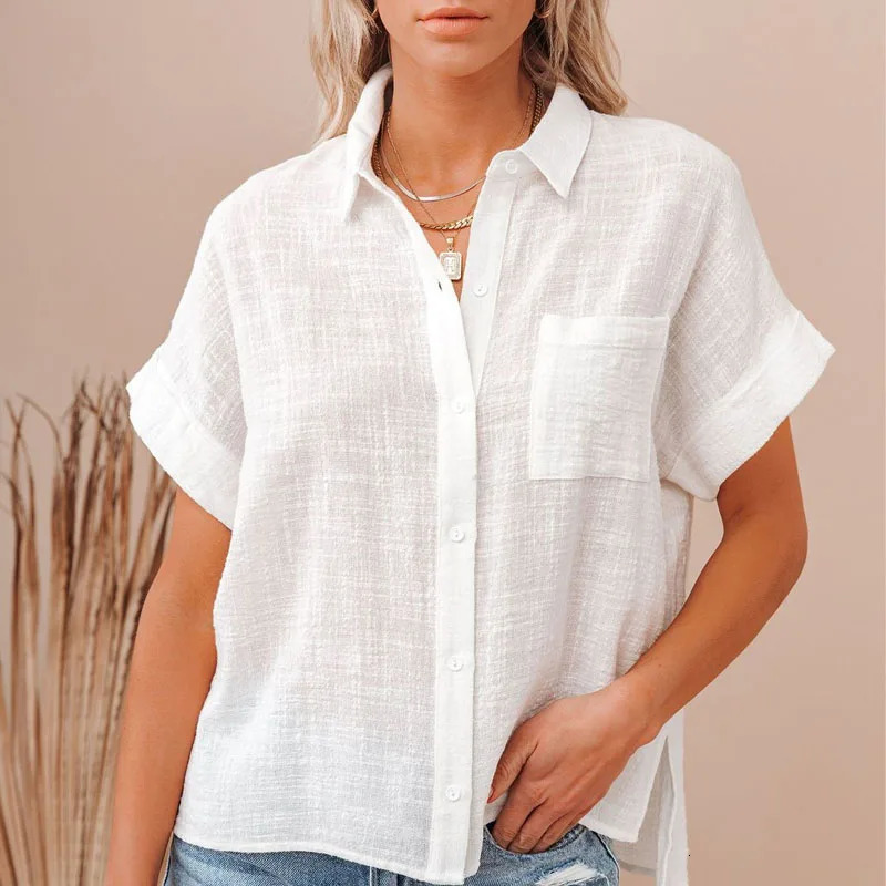 Fashion Cotton Linen Womens Shirts Casual Loose Short Sleeve Women Blouses Button Up Summer Woman Tops White Clothes 21929 250408