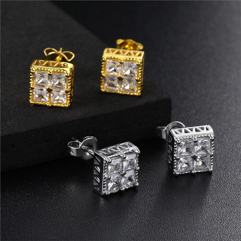 Delicate Square Cubic Zirconia Stud Earrings for Men 18K Real White Gold Plated White Crystal Earrings Luxury Hiphop Diamond Earring Party Birthday Ea