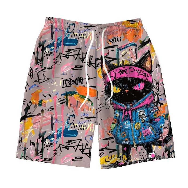 Mens Hawaiian Swimming Relay 3D Graffiti Kitten Macaron Printed Shorts Quick Drying Outdoor Leisure Sports Fashion Mens ShortsXJ250407