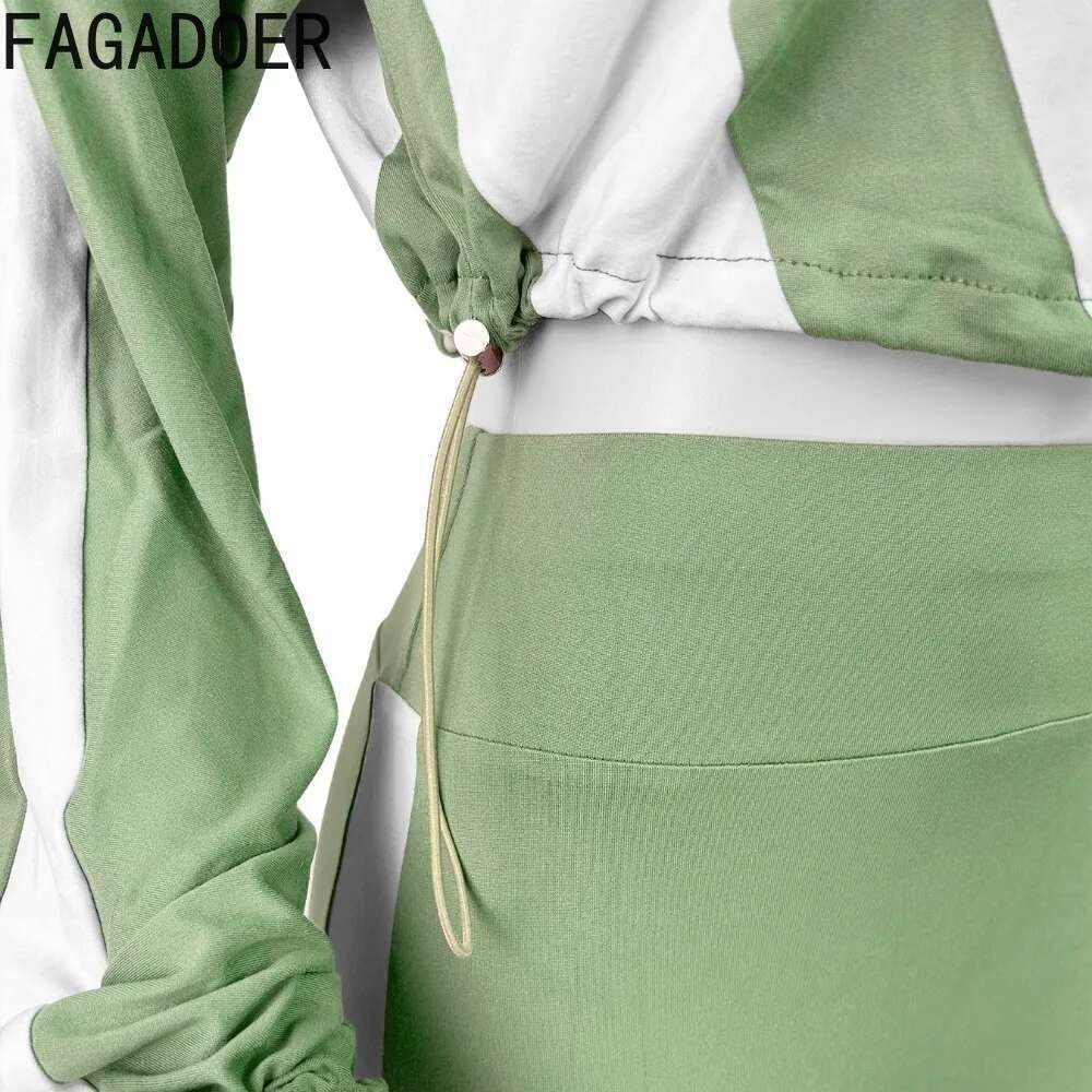 FAGADOER Spring New Casual Two Piece Outfits Woman Color Block Long Sleeve Zipper Jacket And Jogger Pants Tracksuit Streetwear