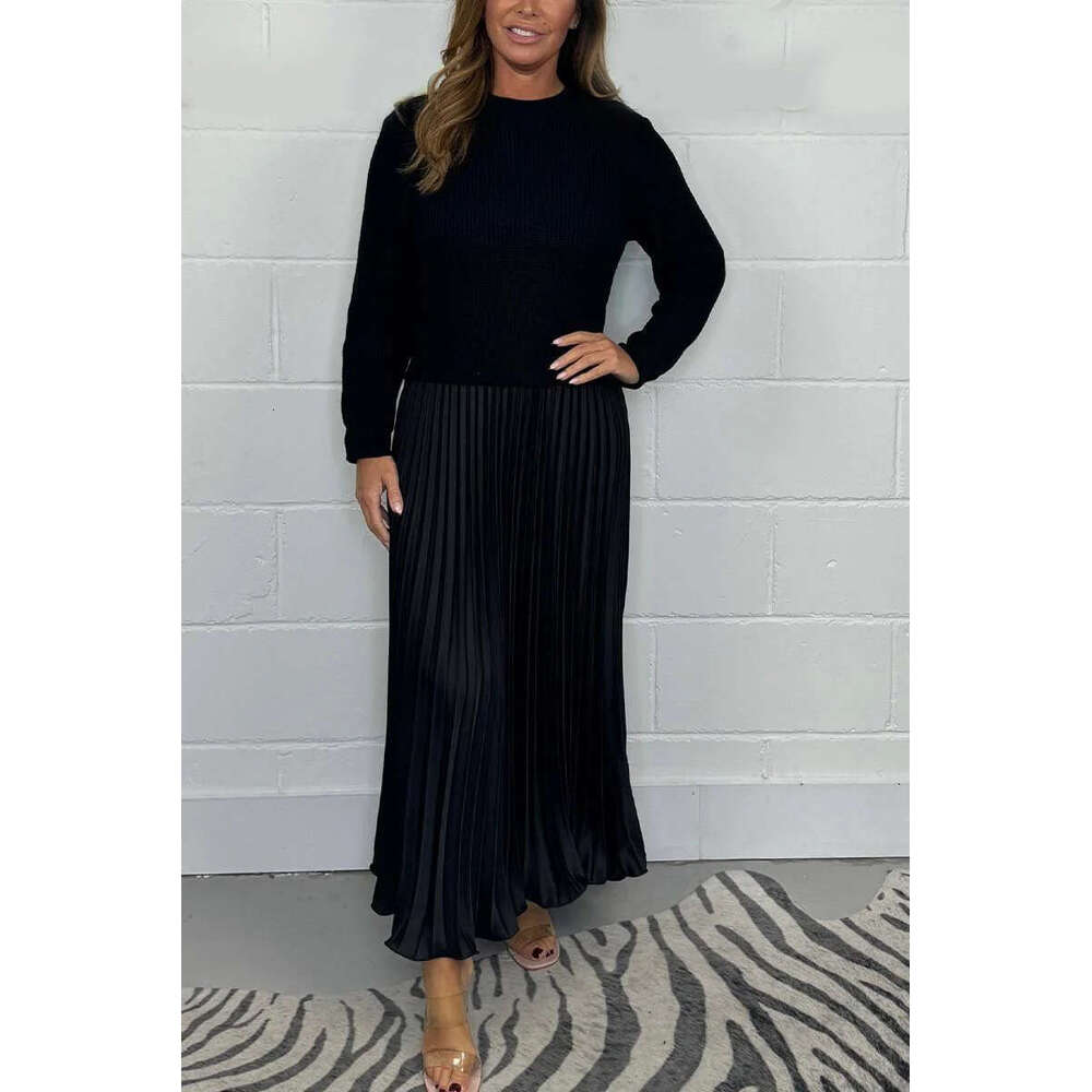 autumn winter European American solid color knitted long sleeved sweater patchwork pleated dress, women's 2025 new style, chic and elegant clothi