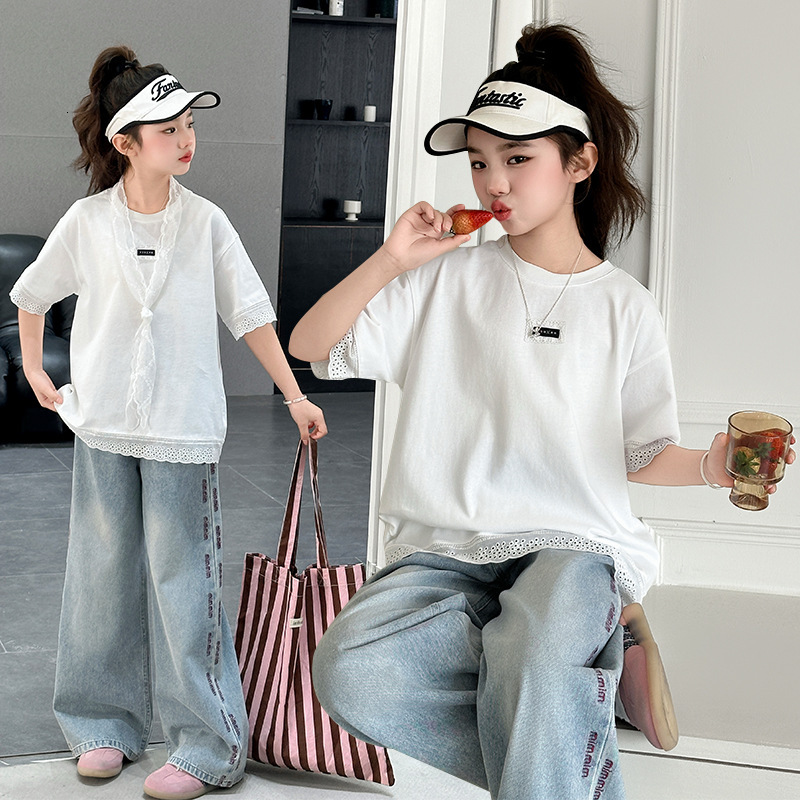 Ddmyshoesvip Casual New Fashionable Girls Summer Dress Short Sleeve T Shirt Jeans Two Piece Set Trendy