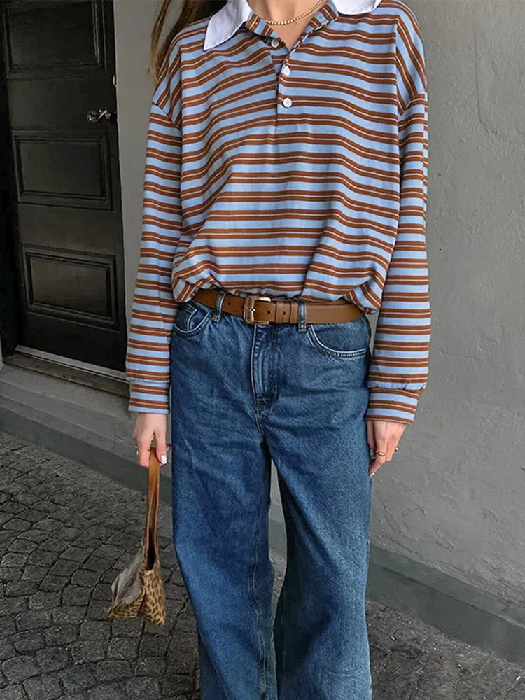 Fashion Stripe Printed Polo Shirts Women Long Sleeves Turn Down Collar Loose Short Blouses 2025 Spring Casual Street Outfits 250408