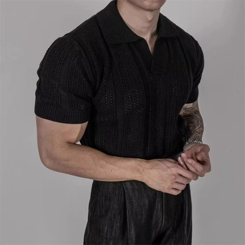 Hollow Knitted Short-sleeved POLO Shirt T-shirt for Mens Summer Korean Style Top Mesh Texture Shirt 250407