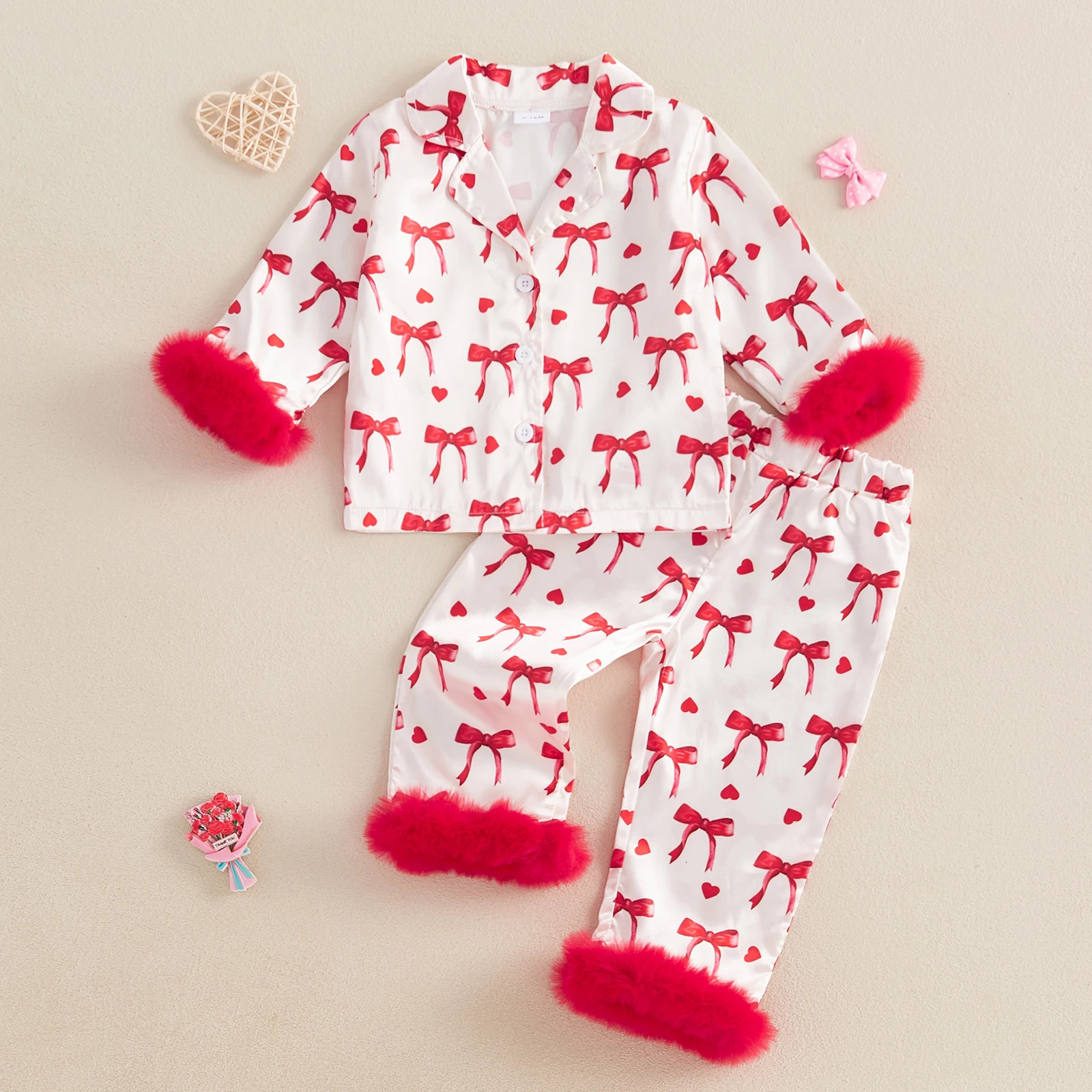 MISOWMNJOY Cute Satin Slik Toddler Baby Girl Sleepwear Children Pajamas Sets Bow Print Plush Laple Long Sleeve Tops Pants Suit 250407