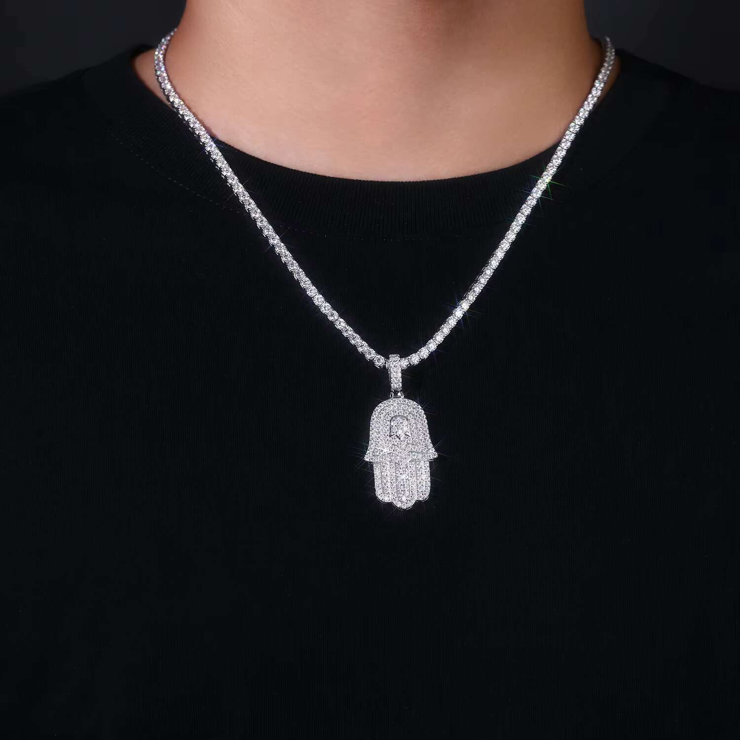 Wholesale Hip Hop Jewelry 925 Sterling Silver Micro Paved VVS Moissanite Diamond Iced Out Hamsa Hand Pendant Necklace for Rapper