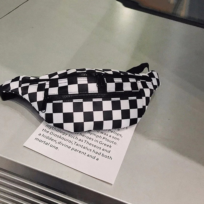 Black and white checkered waist bag womens fashion cross body bag double zipper canvas chest bag 250402