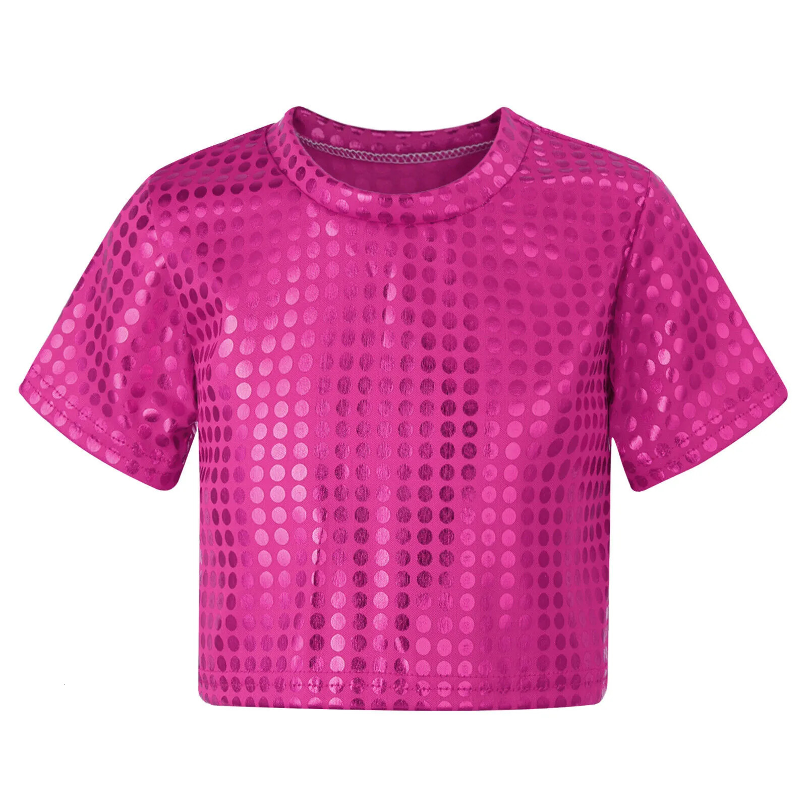Jazz Dance Costumes Kids Boys Girls Shiny Sequins Short Sleeve Solid Color T-shirt Crop Tops Street Dance Stage Performance Wear 250407
