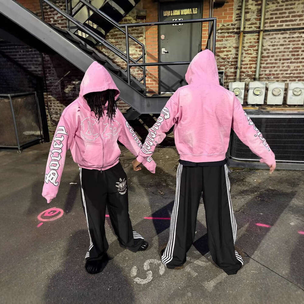 American embroidery, street hole design, unisex pink three-dimensional printed fashionable hooded sweatshirt