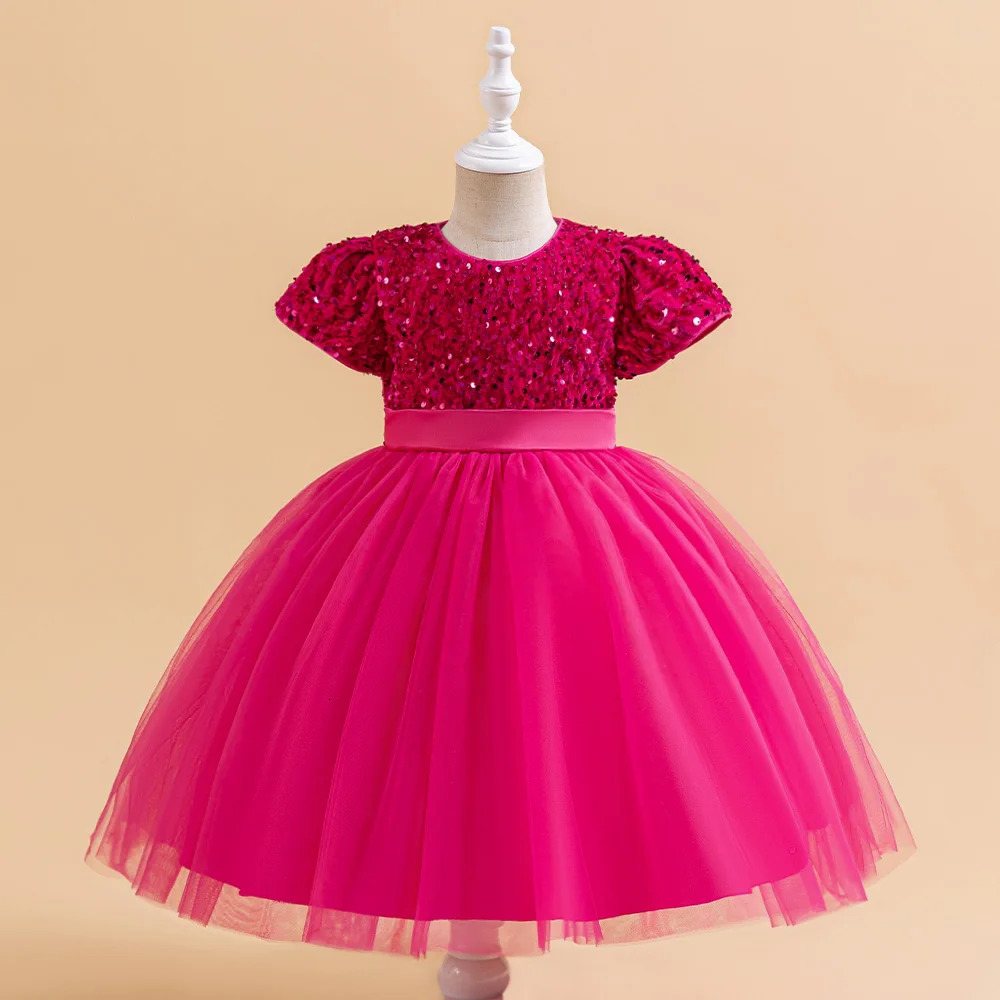 Summer Sequin Bow Girls Party Dress Christmas Costumes Fluffy Wedding Birthday Princess Prom Dresses Girl Bridemaid Evening Gown 250408