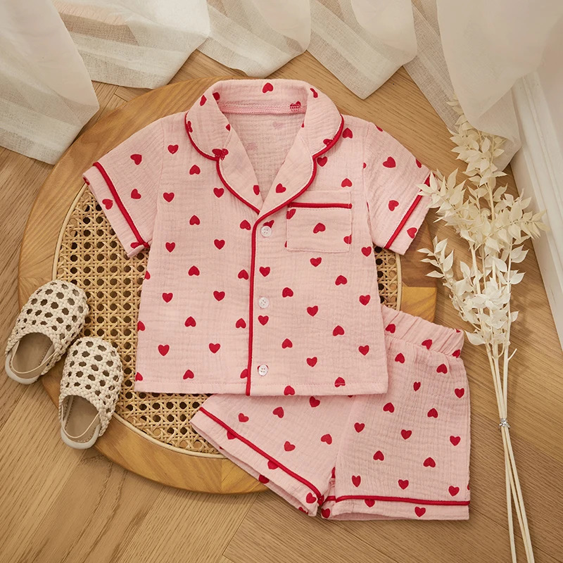 Summer Baby Girl Boy Pajama Set Cotton Linen Button Down Clothes Short Sleeve Heart Print Tops Shorts Kids Loungewear Sleepwear 250407
