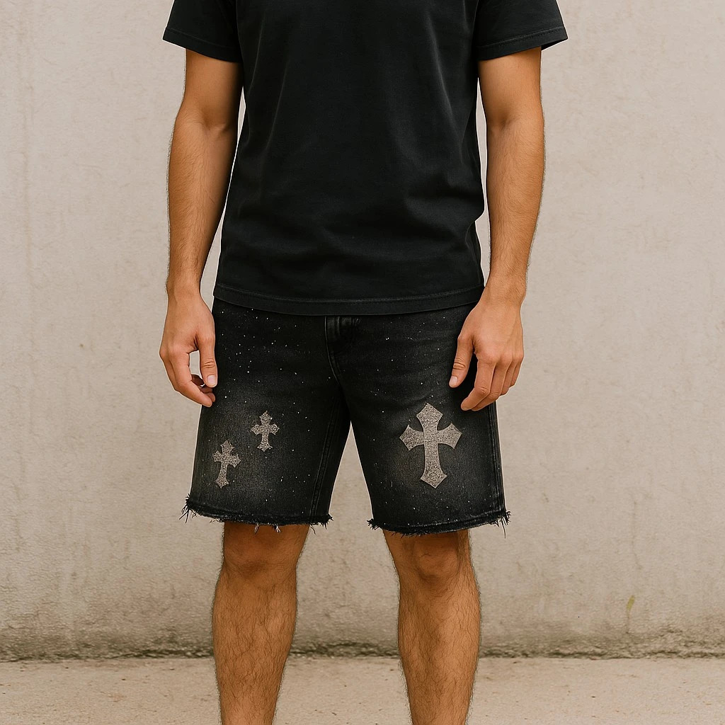 Mens black Distressed denim with short rhinestone details worn hem casual streetwear summer fashion comfortable fashion daily wear 250402