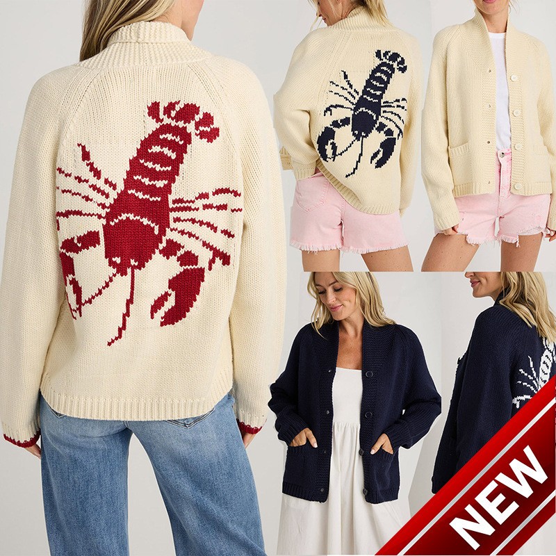 2024 Winter Sweater Womens Casual Commuter Single breasted Cardigan Long Sleeve Shrimp Printed Knitted Cardigan
