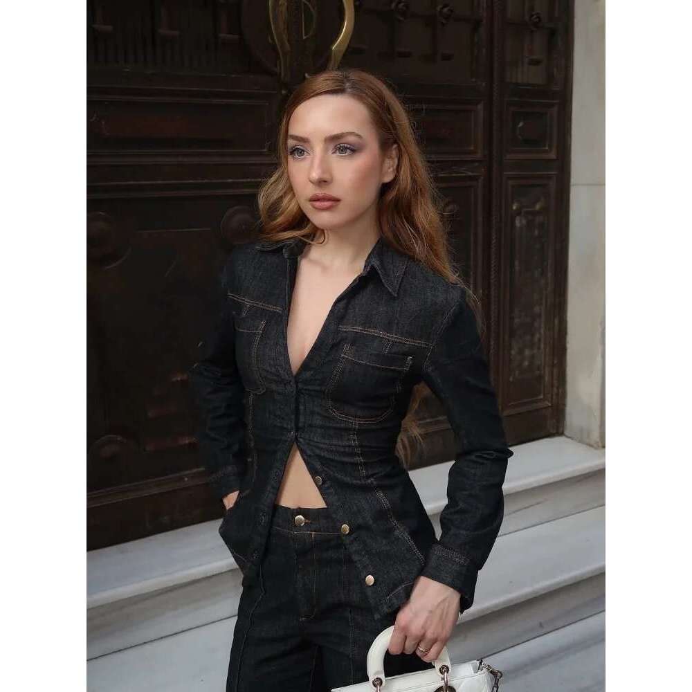 Fashion Denim Women Laple Slim Fit Blouse High Waist Pants Suit Women's Single Breasted Pockets Shirts Long Pant Set Lady Outfit