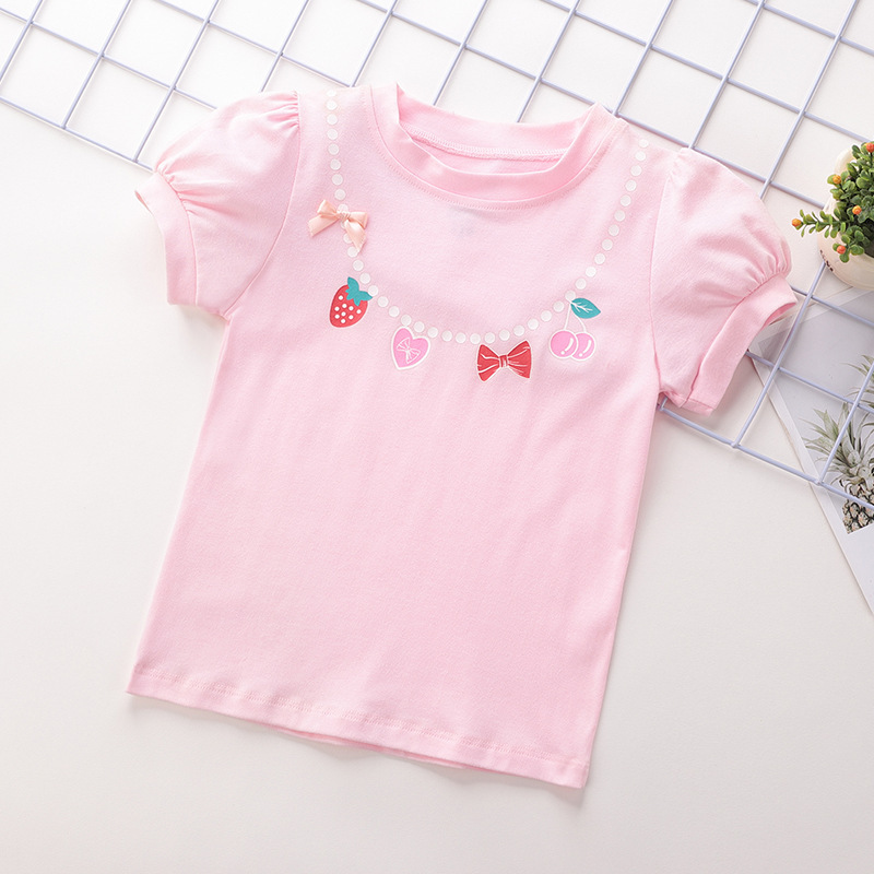 Ddmyshoesvip Cotton T Shirt Strawberry Bow Casual Soft Mist Powder Round Neck Printed Short Sleeved Children S Clothing