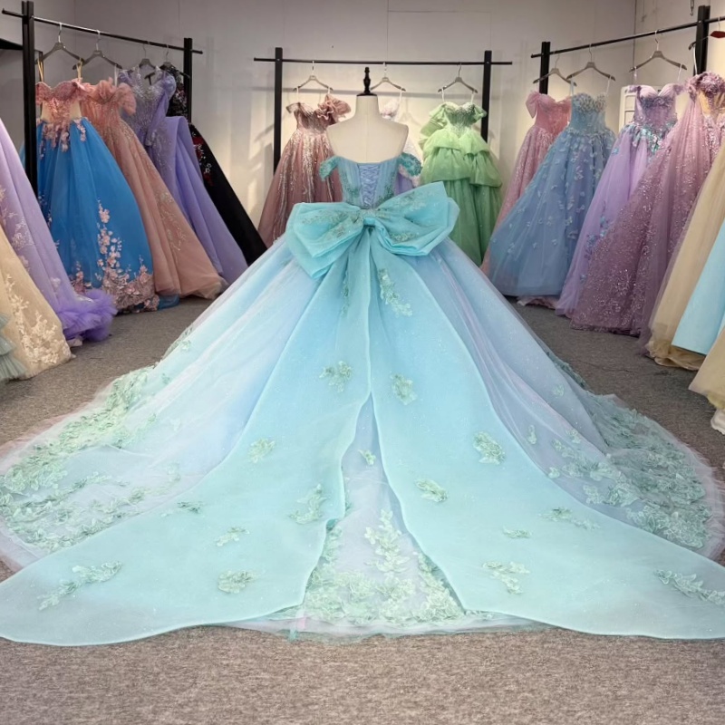 Sky Blue Shiny Princess Quinceanera Dresses Off Shoulder Bow Beading Crystal Tull Sweet 16 Dress Ball Gown Vestidos 15 Anos