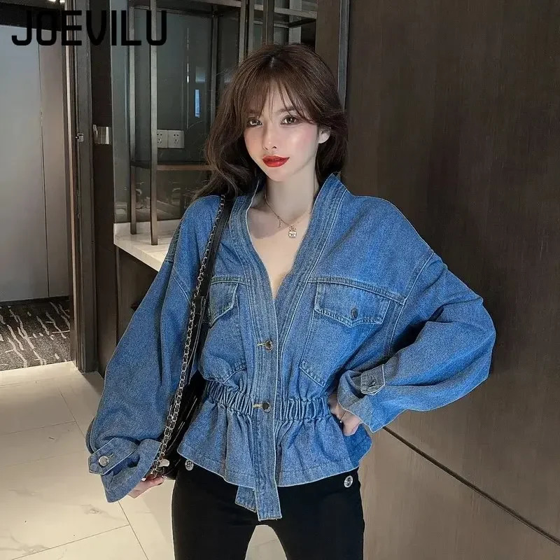 Jeans jacket Vneck pleated waist slim fit for womens autumn Korean fashion personalized irregular shirt loose casual denim top 250407