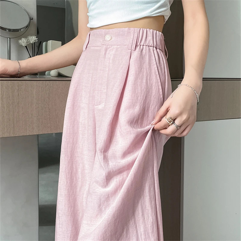 Cotton and Linen Womens Wide Leg Full Pants High Waist Summer Female Elegant Minimalism Straight Loose Trousers Autumn 250408