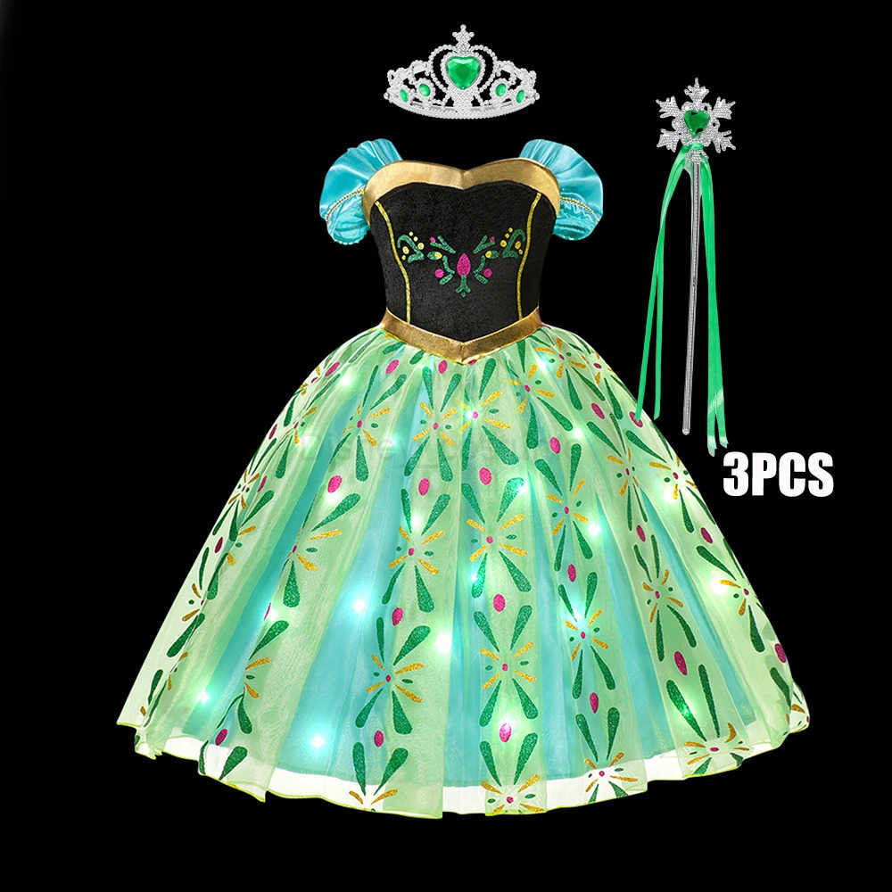 Disney Anna LED Light Up Dress for Kids Girls Princess Costume Fancy Carnival Birthday Party Dresses Full Printing Elegant Clothing X250408