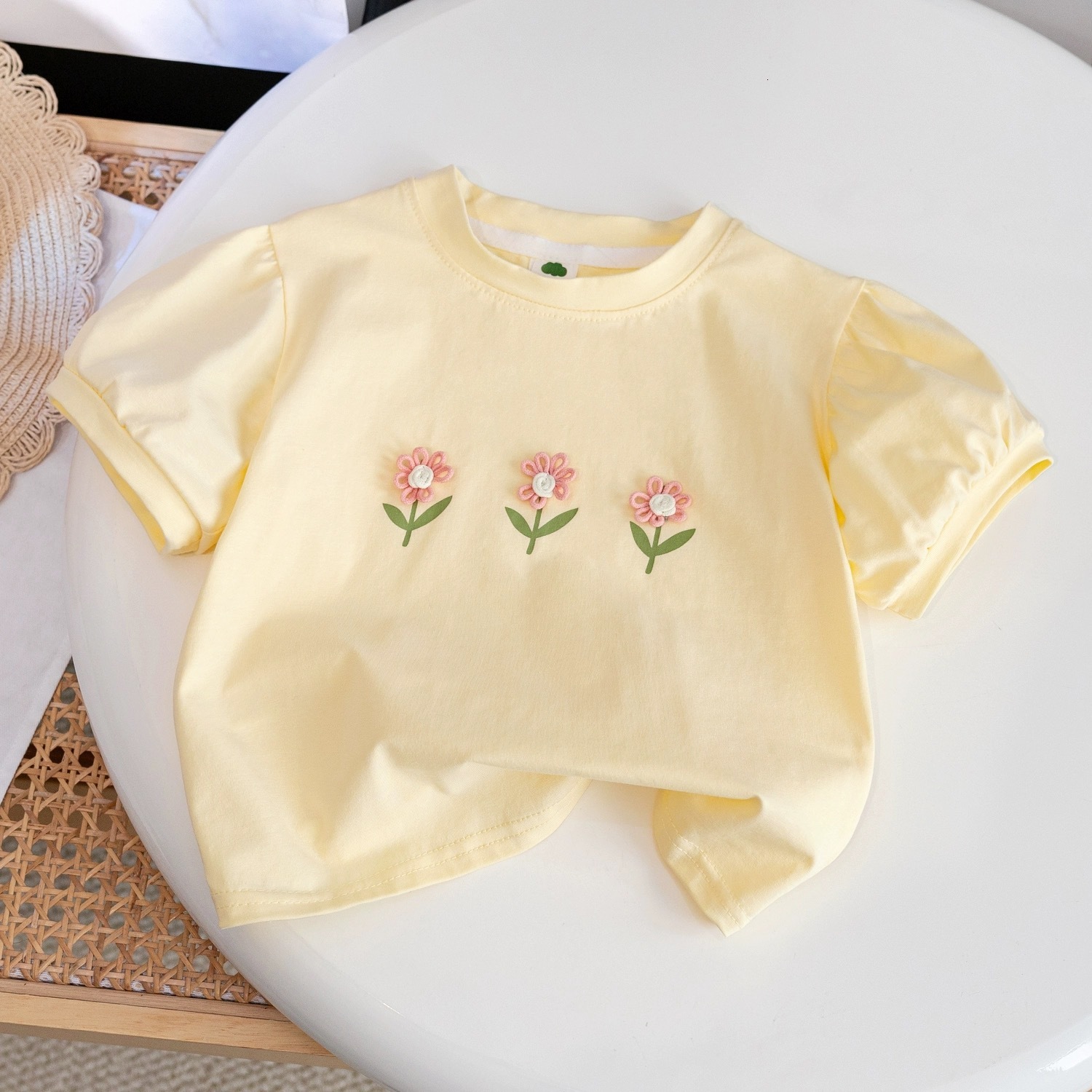 Ddmyshoesvip Girls Short Sleeves Edition Pure Cotton Korean Cute Baby Girl Western Style Three Dimensional Flower Children S T Shirt Summer Fashion