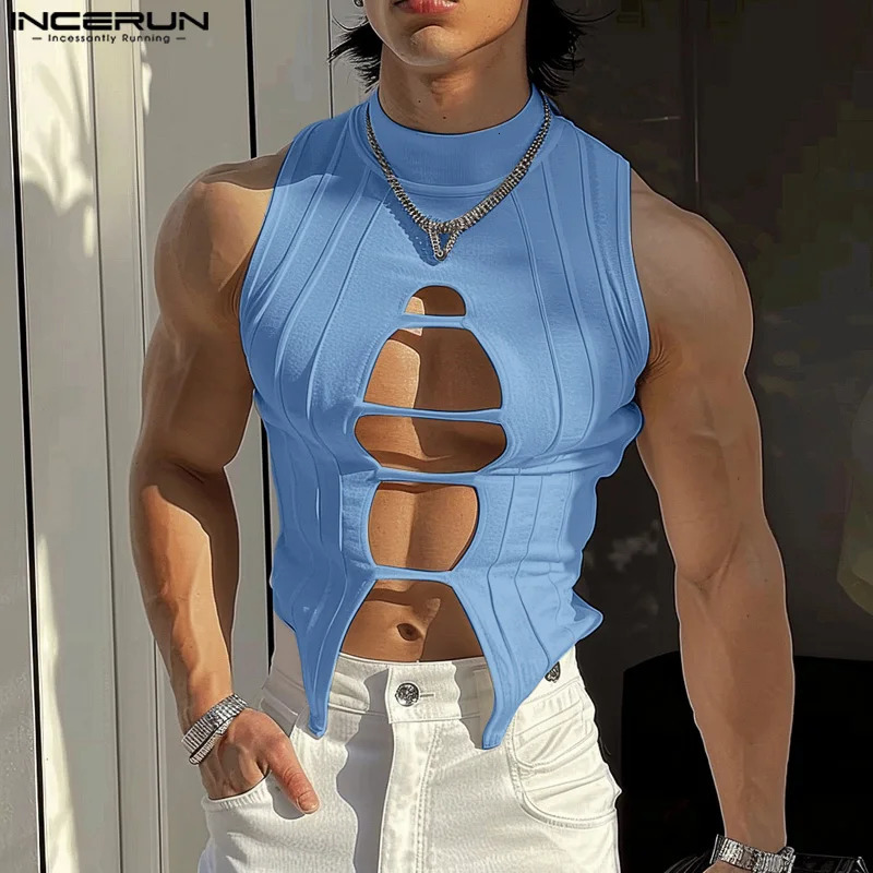 Fashion Club Clothing Style Top INCERUN Mens Hollow Half High Neck Knitted Tank Top Fashion Mens Sleeveless Solid Tank Top S-5XL 250403