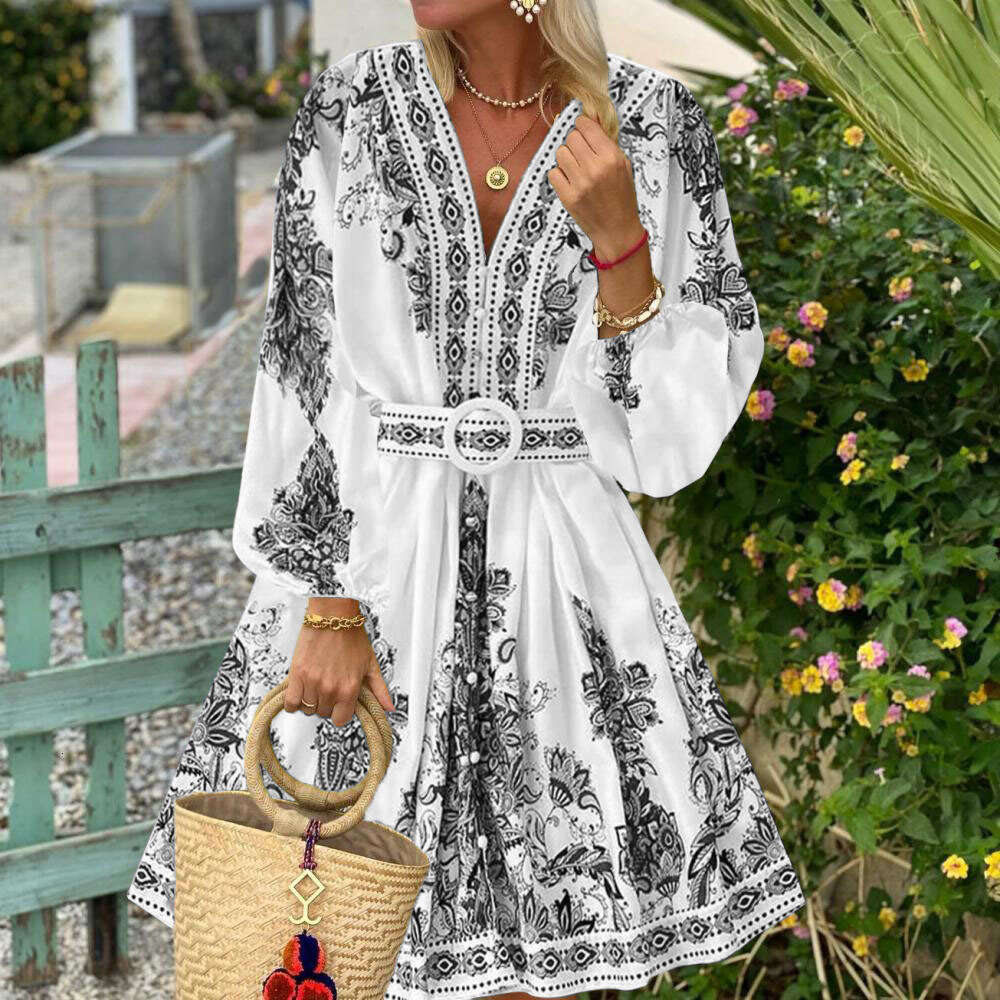 In Stock 2025 Spring and Autumn New Fashion V-Neck Long Sleeve Bohemian Print Dress for Women