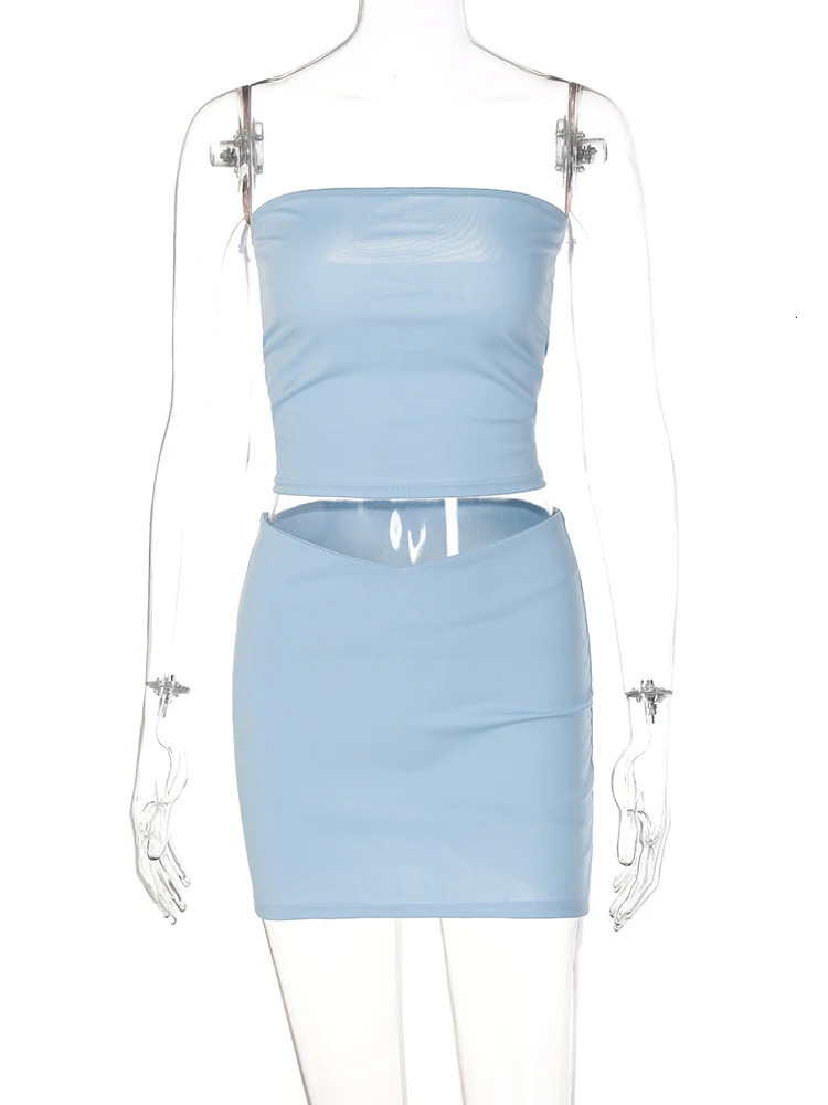 Hugcitar Solid Sleeveless Folds Tube Crop Top Skirts 2 Piece Matching Set Summer Fashion Streetwear Beach Clothing Drop 250407