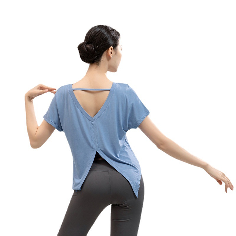 Summer yoga clothes short sleeve T-shirts women beautiful backslits slam blouses loose running sports and fitness tops dance practice