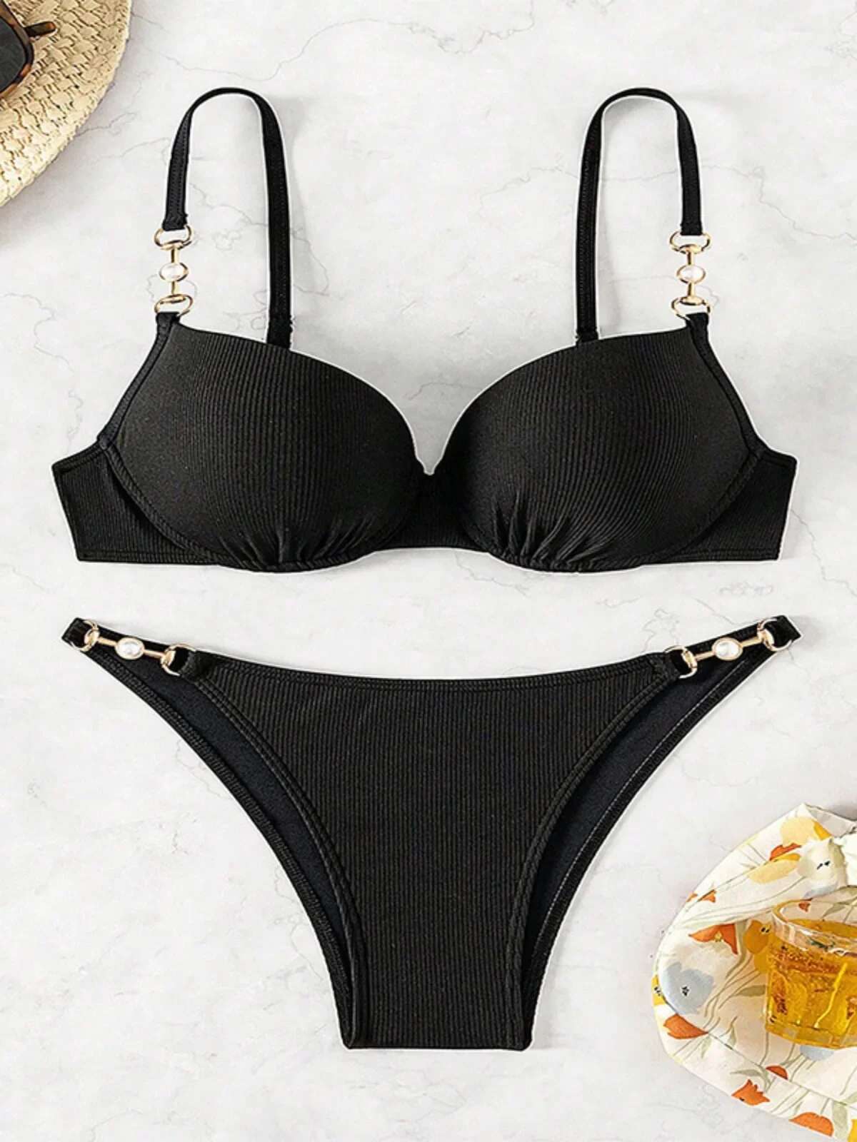 Dongdumaoyi Solid Color Women S Black Two Piece Swimsuit Pearl Accessories Sexy Bikini Set V Neck Suspender Backless Beach Vacation Swimwear