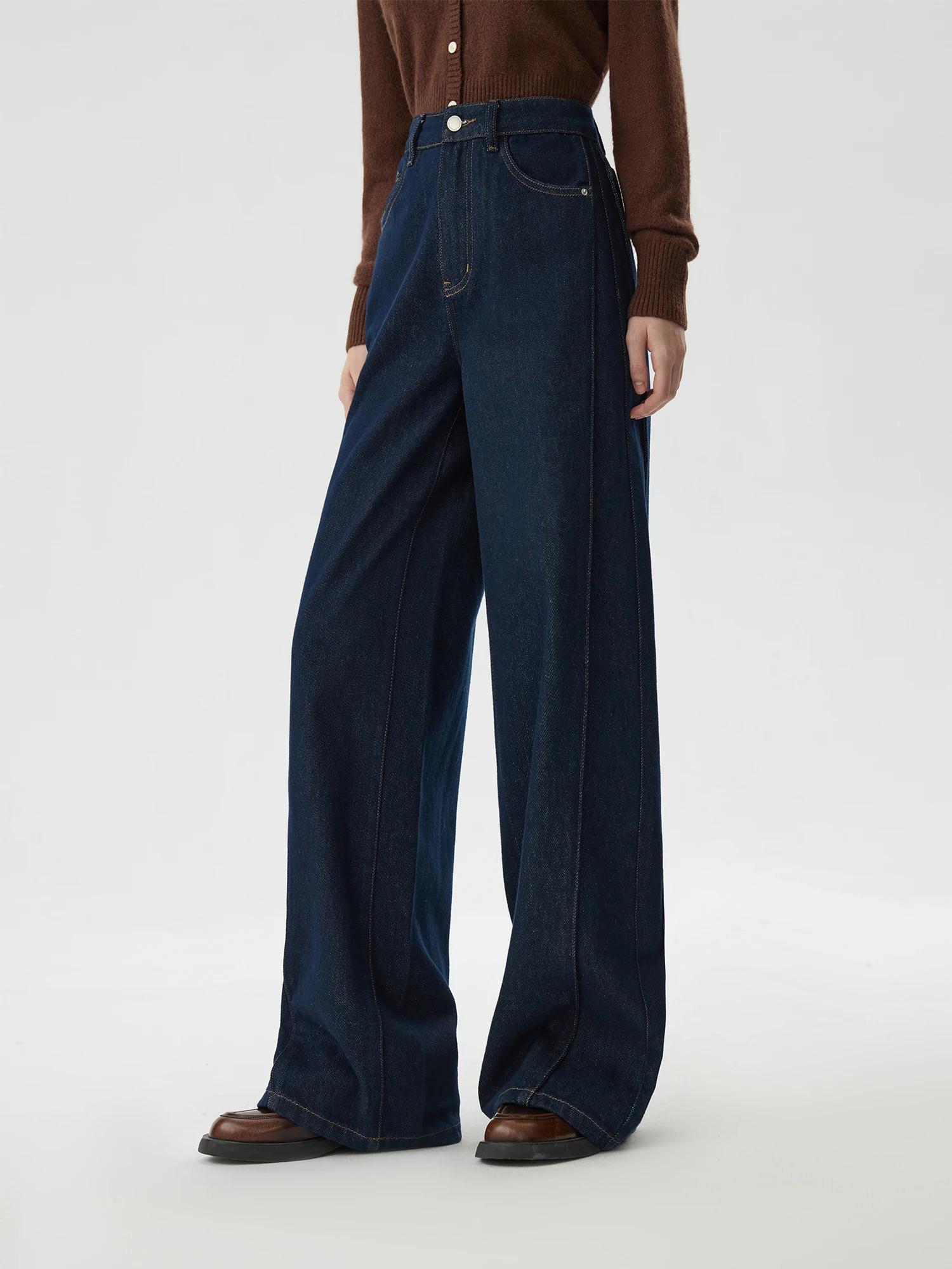 FSLE Womens Winter Jeans High Waist Thick Cotton Wide Legs Trouser Dark Denim Loose Blue Full Length 24FS14299 250407