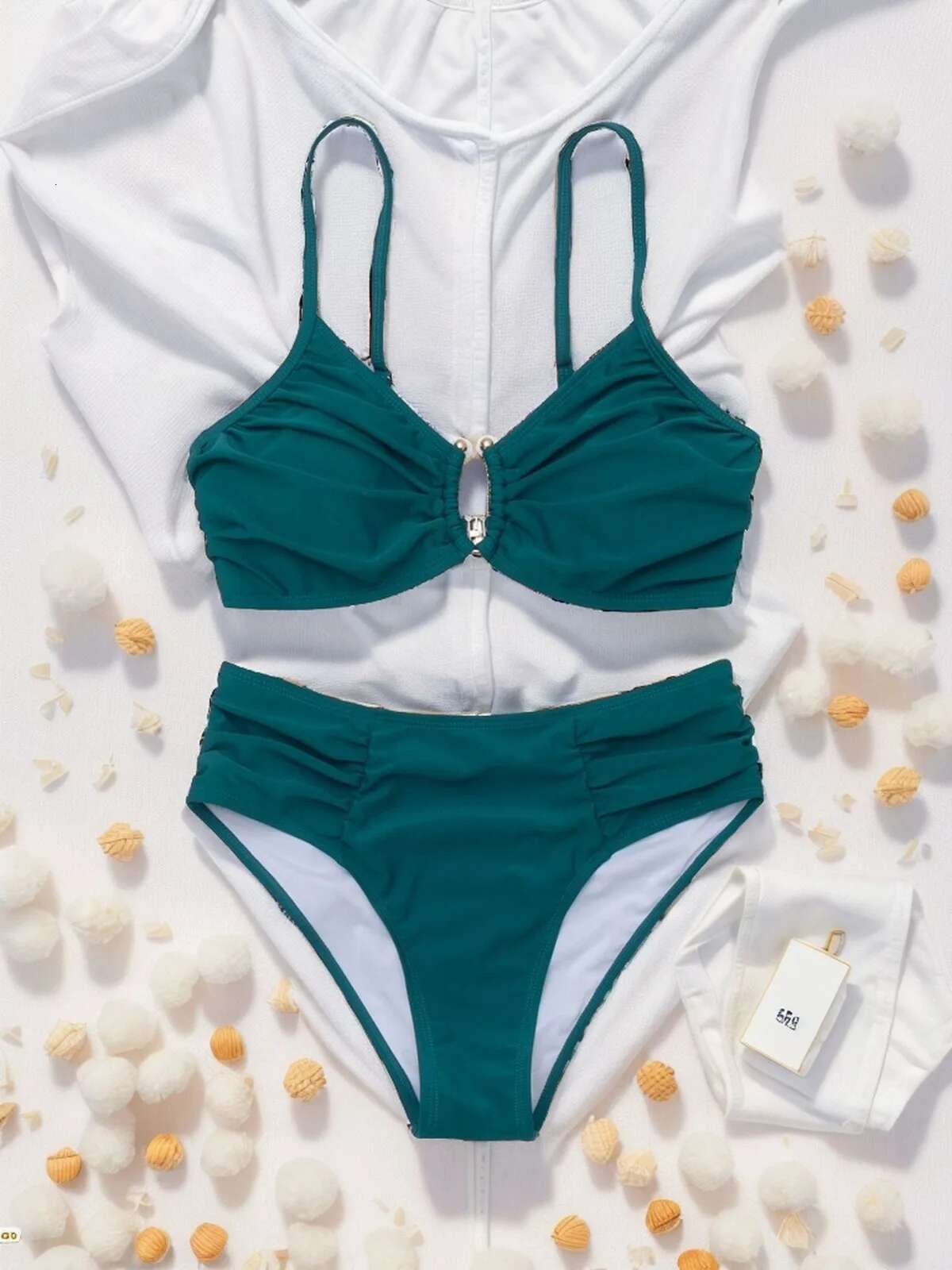 Dongdumaoyi Solid Color Two Piece Swimsuit Women Pleated High Waist Sexy Bikini Set Hollow Out Suspender Backless Beach Vacation Swimwear