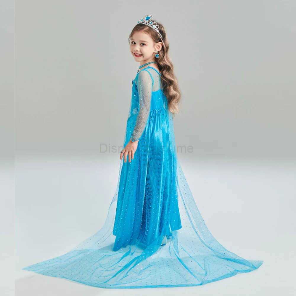 Disney Girls Princess Dress Blue Elsa Cosplay Clothing Fancy Carnival Birthday Party Toddler Clothing Halloween Role Playing Snow Queen X250408