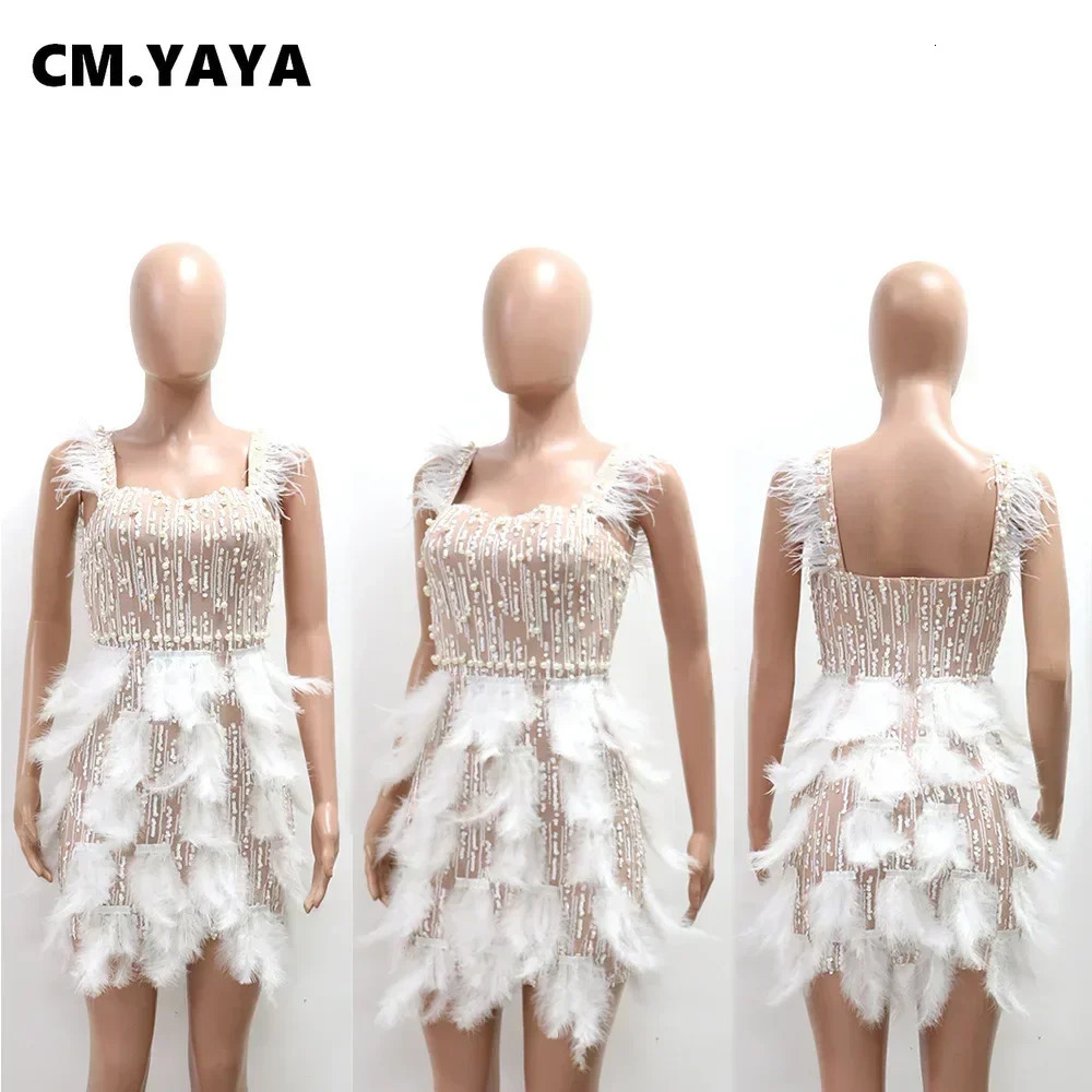 CM. YAYA Womens Sparkling Pearl Feather Belt Bodycon Midi Dress Summer Sleeveless Sexy Party Evening Dress Vestidos 250402