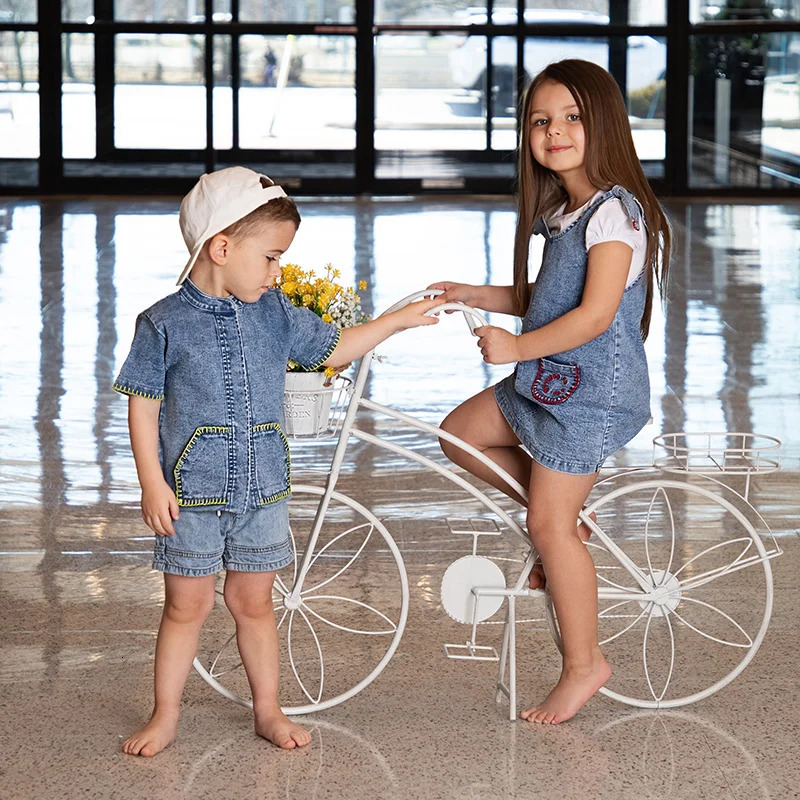 Summer denim collection girls dress set cute baby rompers boys casual shirt girls skirt family clothing set contrast pockets 250407
