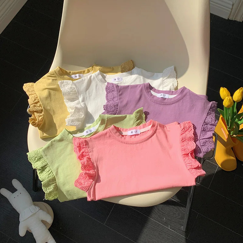 Girls T-shirts Summer Sweet Flying Sleeve Tops for Kids Lace Children Tees Cotton Toddler Blouse Baby Outfits Clothing 250408
