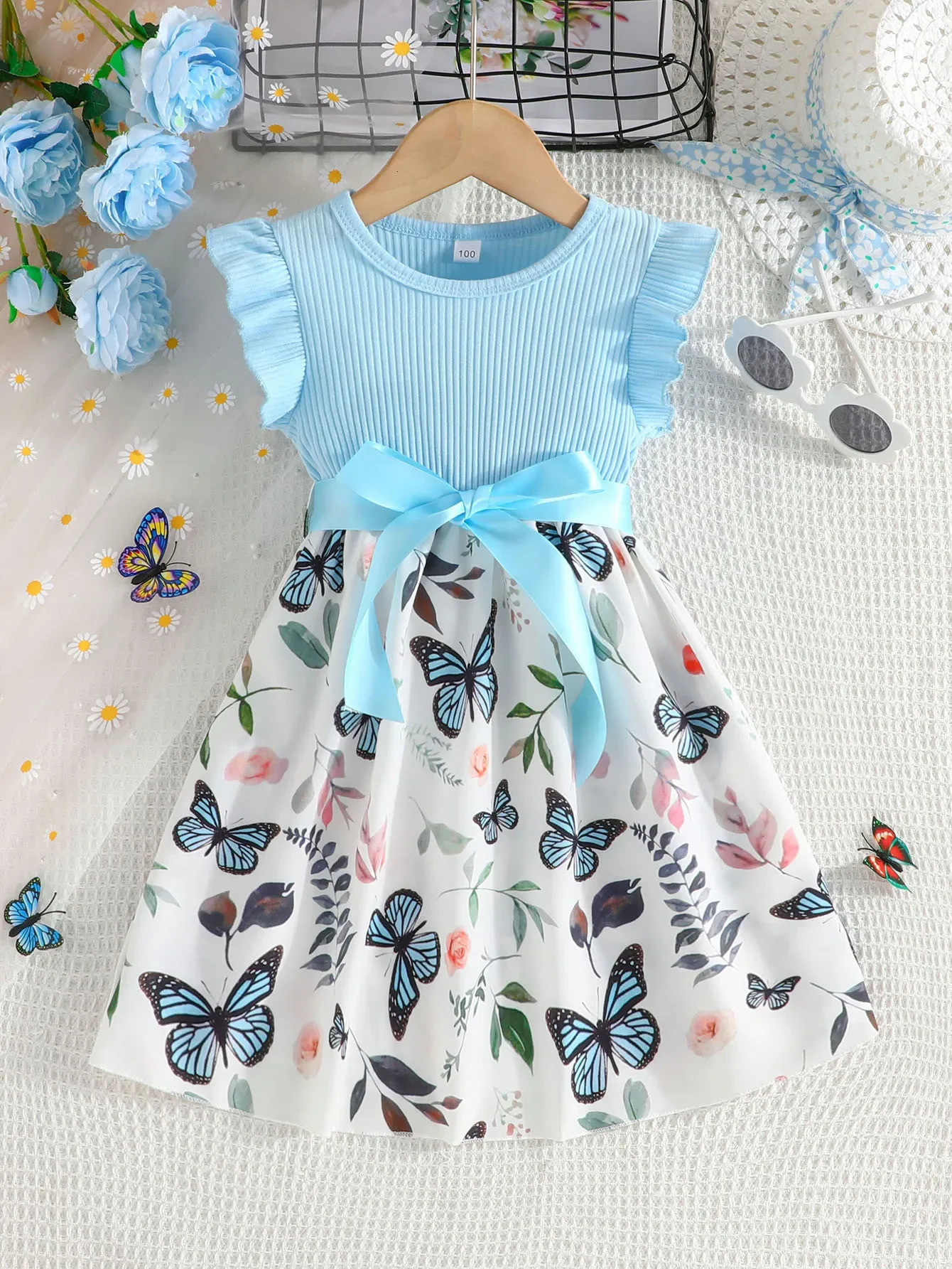 Set For Kids Girl 3-7 Years old Ruffled Sleeve Butterfly Floral Tulle Cute Princess Formal Dresses with Belt Ootd For Baby Girl 250408