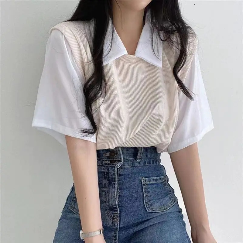 2025 summer polo lapel two-piece college style contrasting short-sleeved T-shirt for women loose casual versatile top 250408