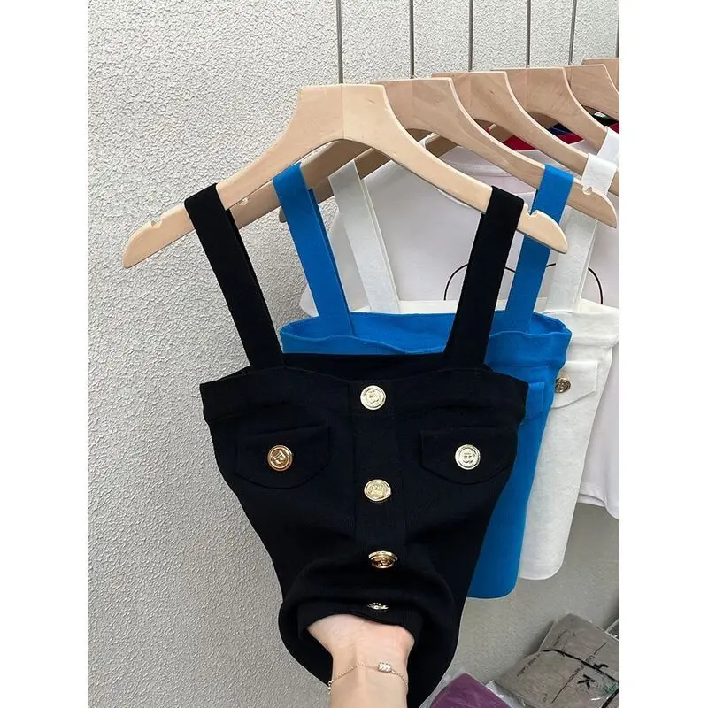 Trend Sexy Knitting Sling Tank Top Female Summer Interior Lapping Fashion Buttons Solid Color Sleeveless Camisole Womens Tops 250407