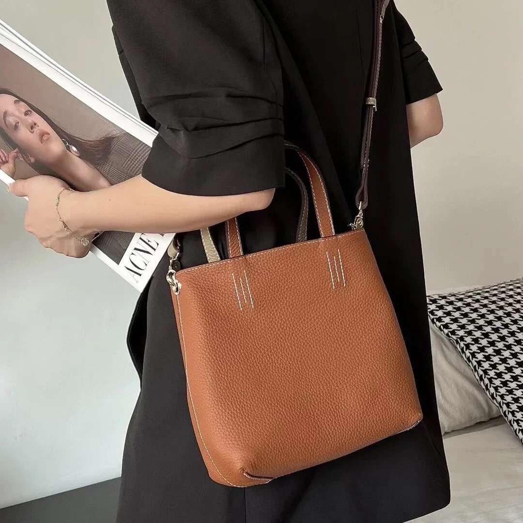 Double Sided Leather Tote Small Shopping Single Shoulder Crossbody Bag Handbag Women's Soft Top Layer Cowhide