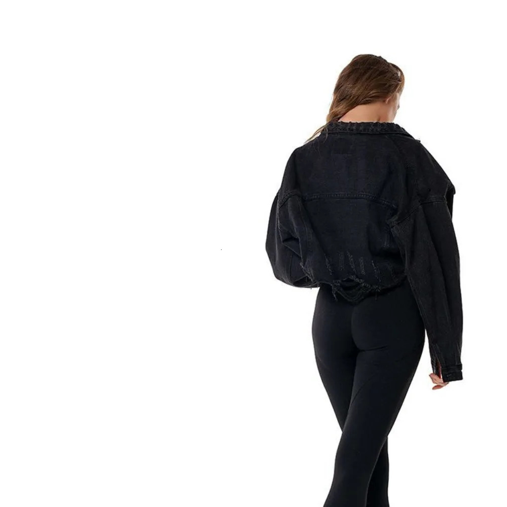 Womens spring jacket black denim lapel cut n vintage oversized Y2K short 250407