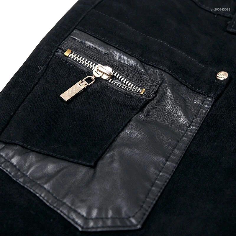 Zipper Splicing Leather Pants Long Pencil Slim Spring Hole Fashion Thin Skinny Men Hiphop Trousers