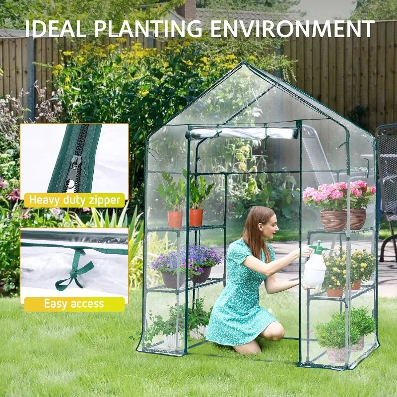 Transparent mini walk-in greenhouse with windows and anchors plant garden house with 2 floors and 8 frames 250403