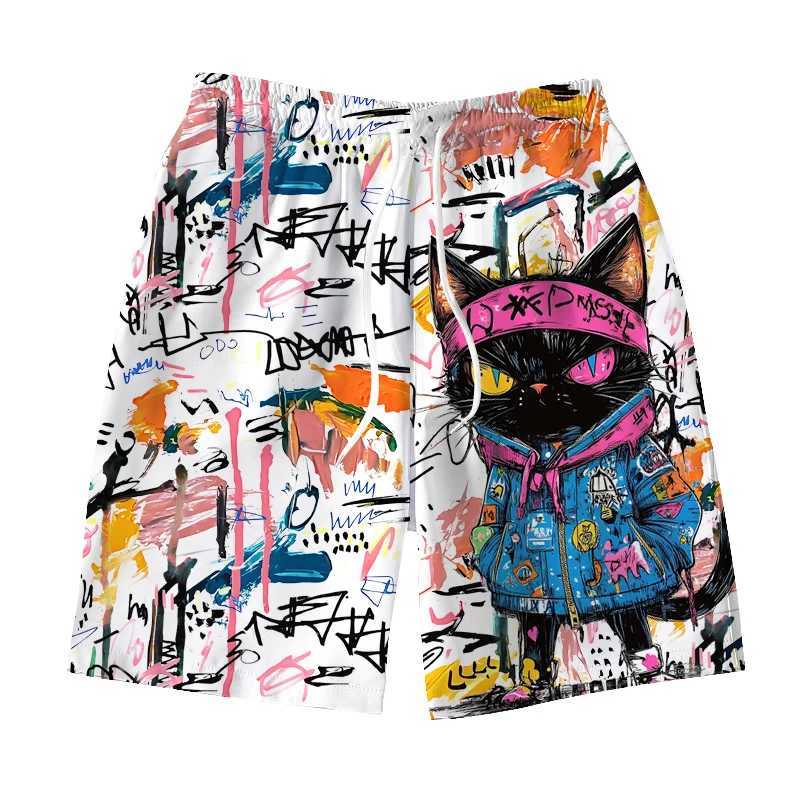 Mens Hawaiian Swimming Relay 3D Graffiti Kitten Macaron Printed Shorts Quick Drying Outdoor Leisure Sports Fashion Mens ShortsXJ250407