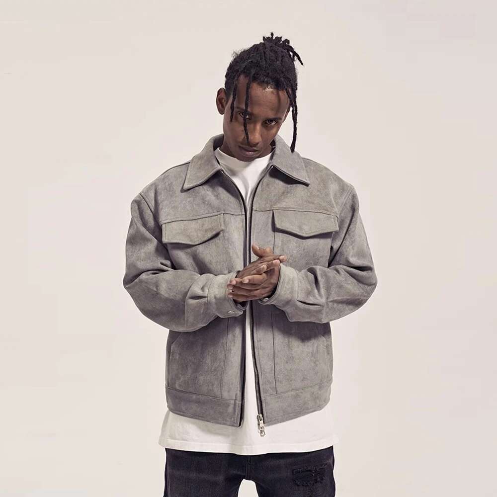 Multi-Pocket Suede Jacket Mens Autumn Winter Retro Solid Color Lapel Loose Casual Long Sleeve Zipper Outerwear Men