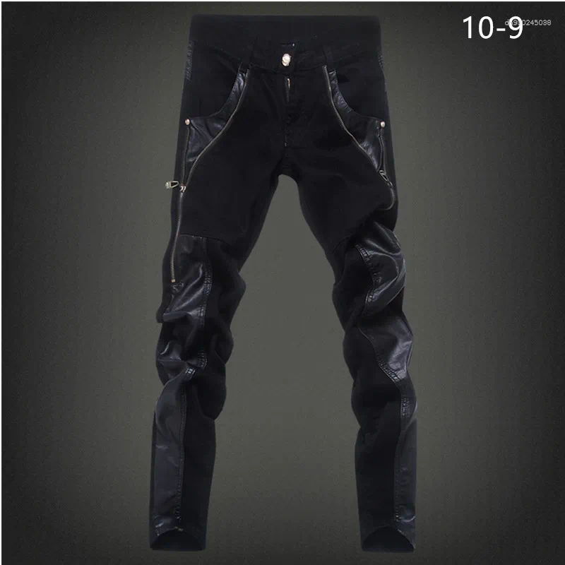 Zipper Splicing Leather Pants Long Pencil Slim Spring Hole Fashion Thin Skinny Men Hiphop Trousers