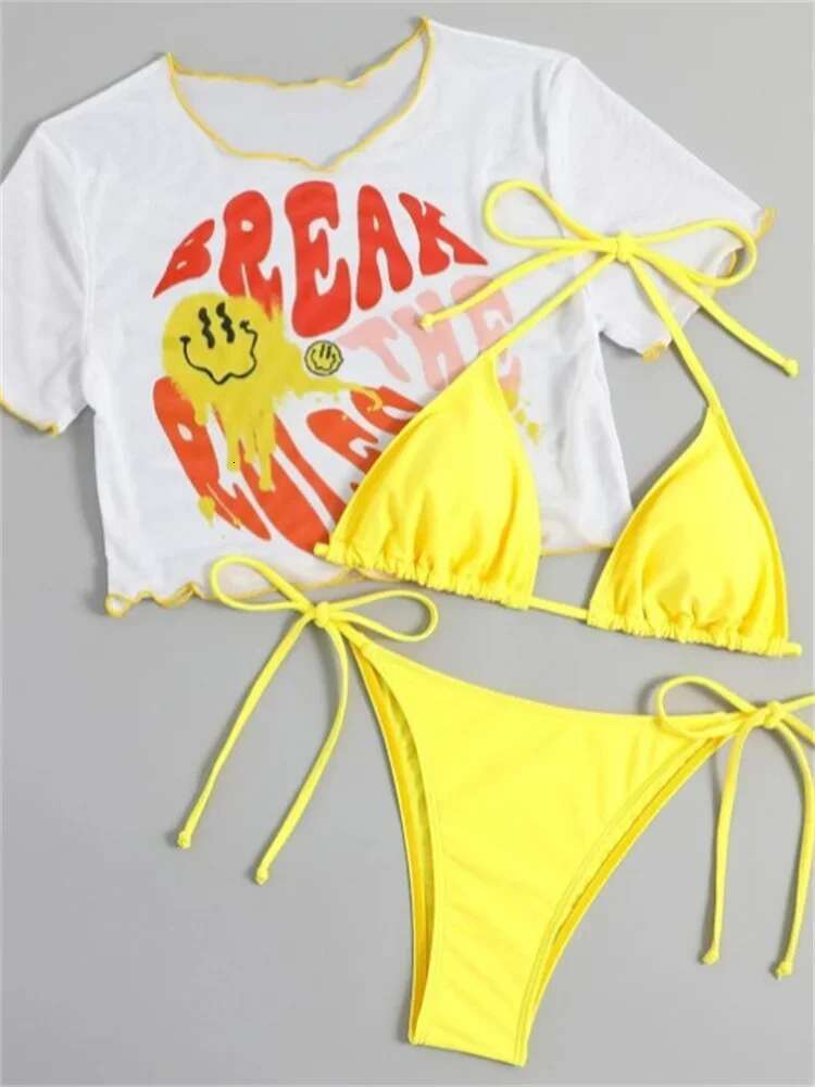 Dongdumaoyi Cute Cartoon Smile Face Print Pieces Bikini Set Short Sleeve Mesh Cover Up Swimsuit Women Bandage Bathing Suit Swimwear