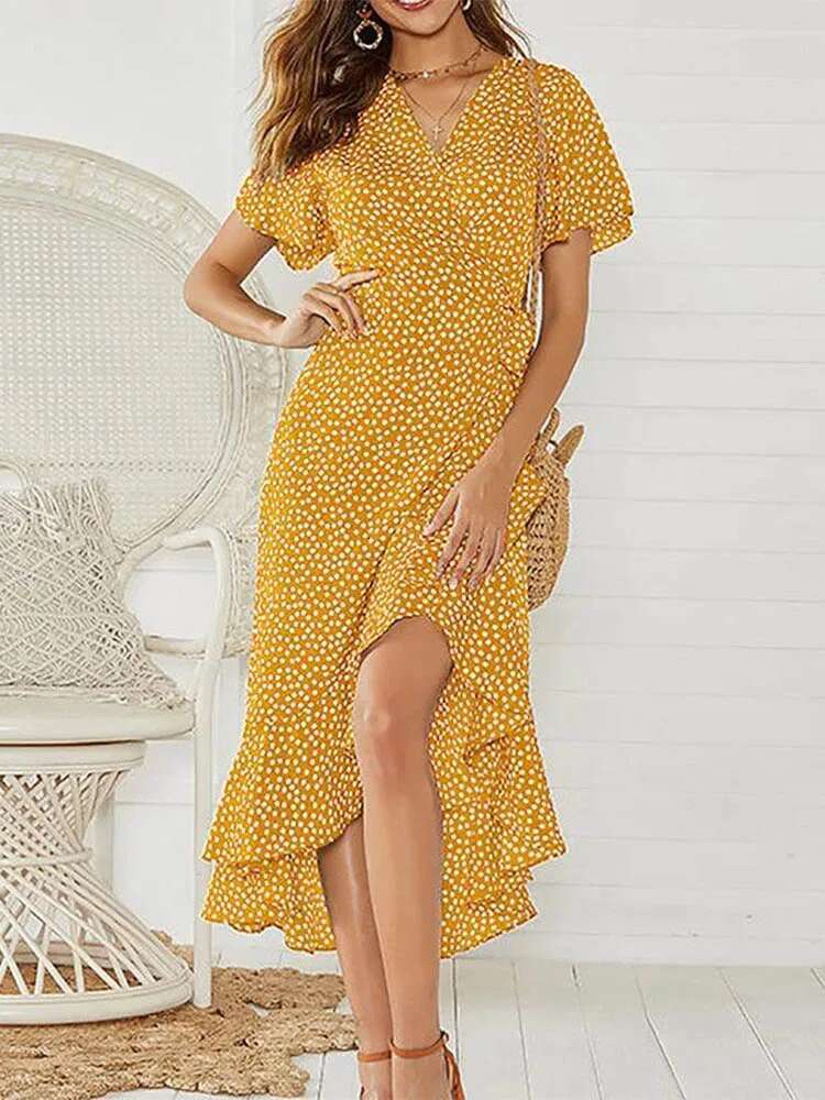 Summer Beach Maxi Women Ral Print Boho Long Chiffon Ruffles Wrap Casual V-Neck Split Sexy Party Dress Robe Femme