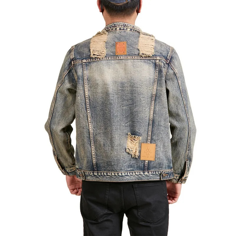 Open collar denim jacket mens vintage spring and autumn ripped streetwear rock hiphop casual motorcycle jeans freight 250407