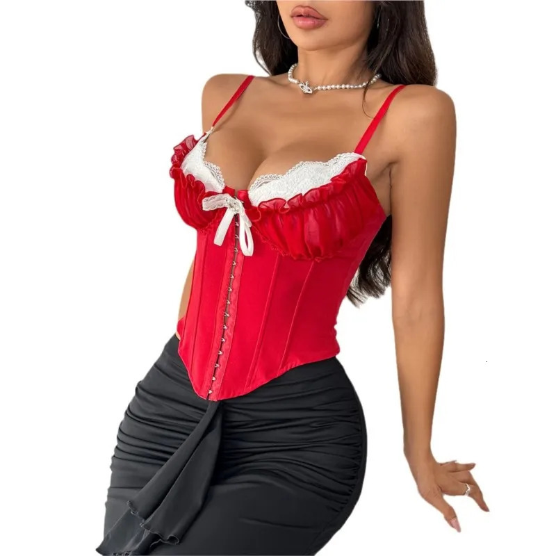 Women Lace Bustier Corset Tops Sexy Fish Boned Sheer Spaghetti Straps Y2K Going Out Night Club Party Tops With Buckle 250407