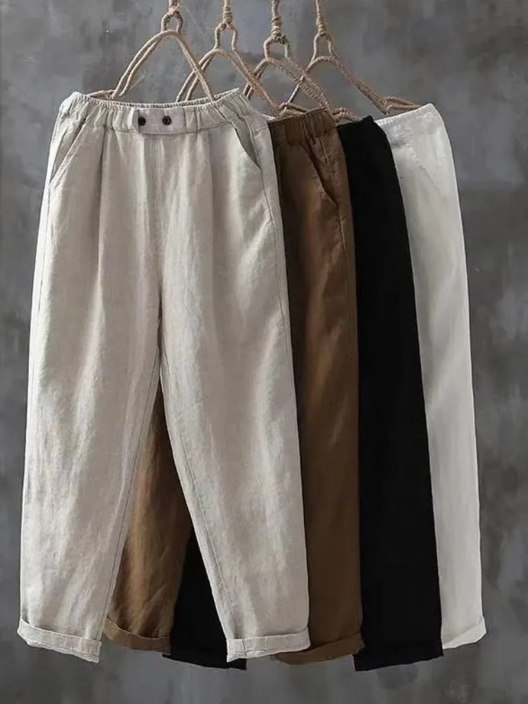 Cotton Linen High Waisted Harun Long Pants Fashion Elegant Women Pants Casual Elegant Loose Pant 250408